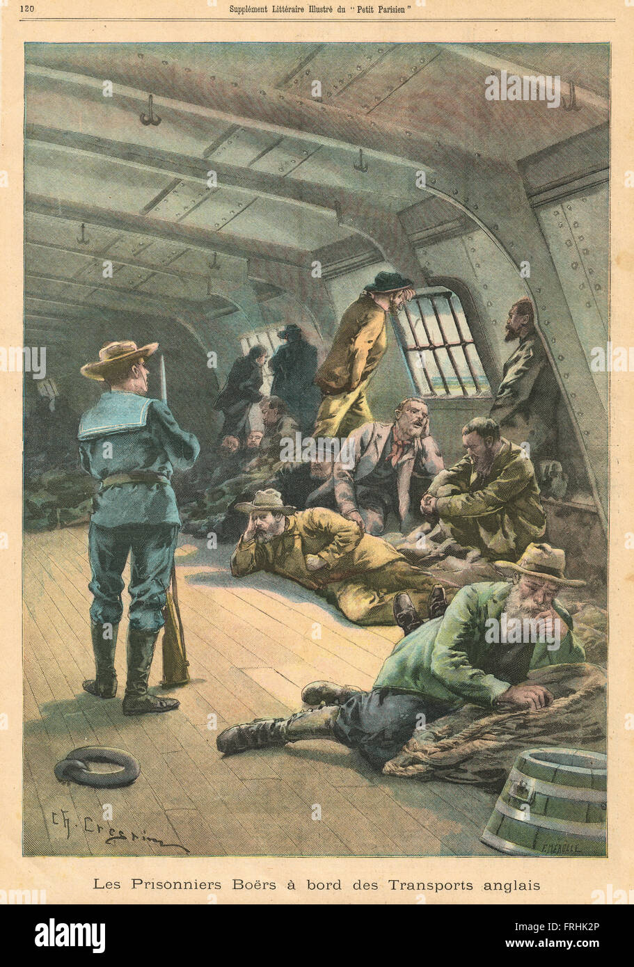 Capturé Boers à bord d'un bateau de prison anglais Boer War 1900. Illustration du petit parisien dans le journal français illustré Banque D'Images