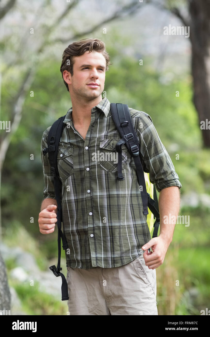 Jeune randonneur à l'écart dans la forêt Banque D'Images