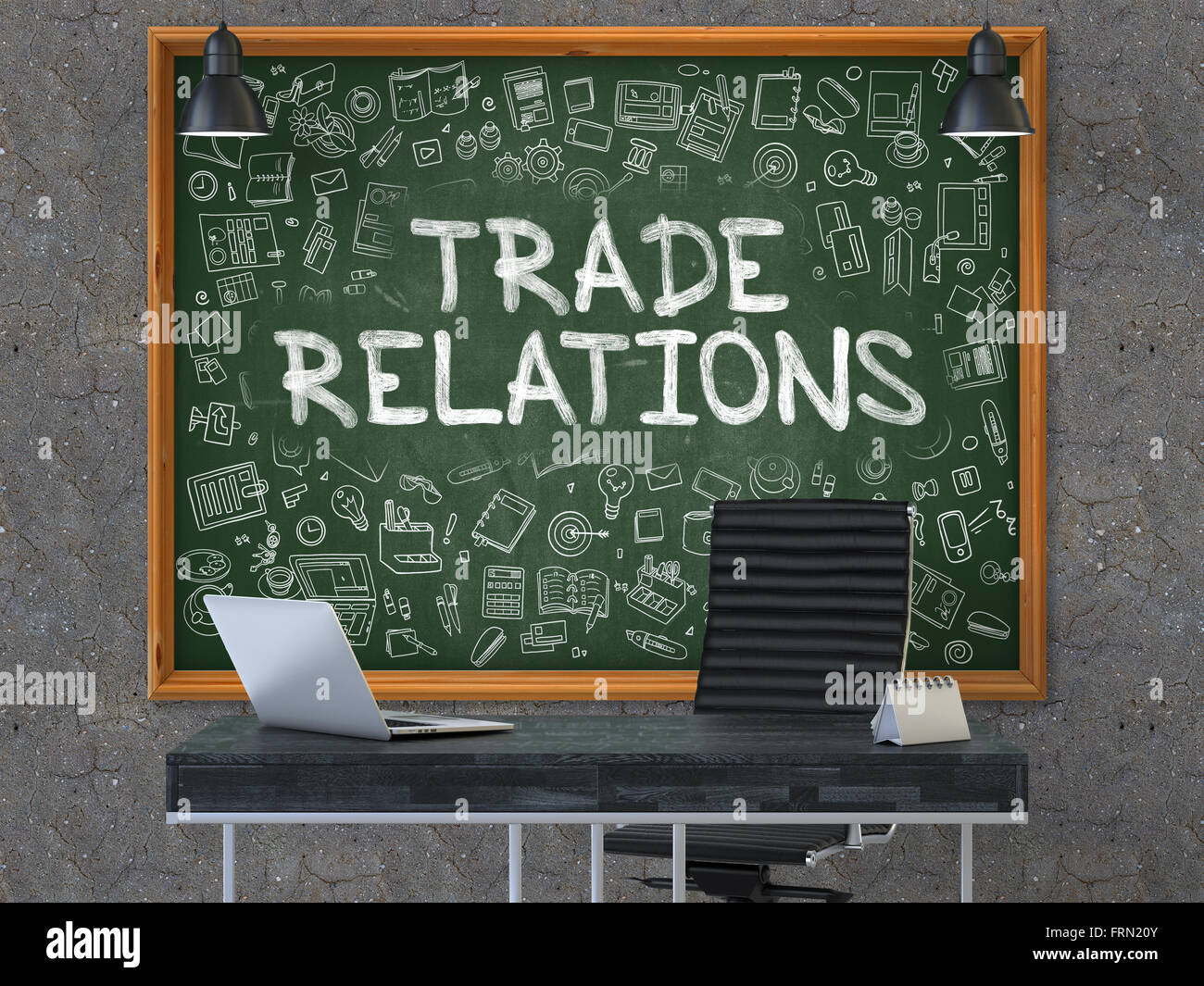 Tableau sur les relations commerciales avec les icônes de Doodle. Banque D'Images
