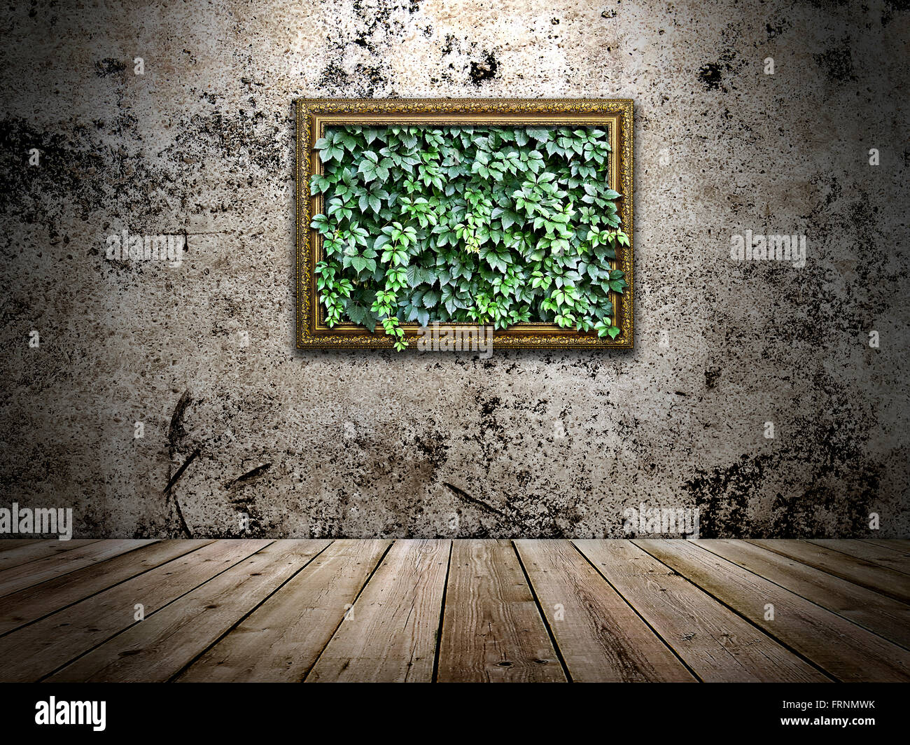 Le cadre sur le mur de pierre avec des feuilles vertes à l'intérieur Banque D'Images