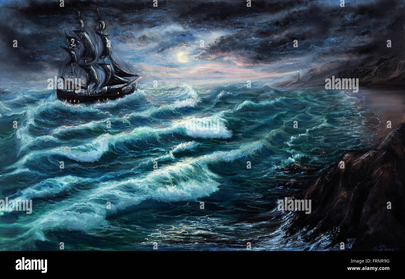 Peinture à l'huile originale montrant un navire en pleine tempête sur l'océan ou sur la mer sur toile. L'impressionnisme moderne, modernisme, marinism Banque D'Images