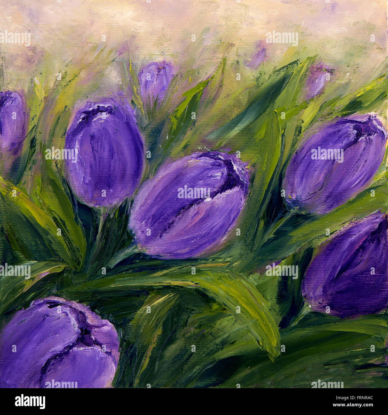 Peinture à l'huile originale montrant purple tulip fleurs bouquet. Genre de plantes vivaces, plantes à bulbe de la famille des liliacées .Modern Impres Banque D'Images