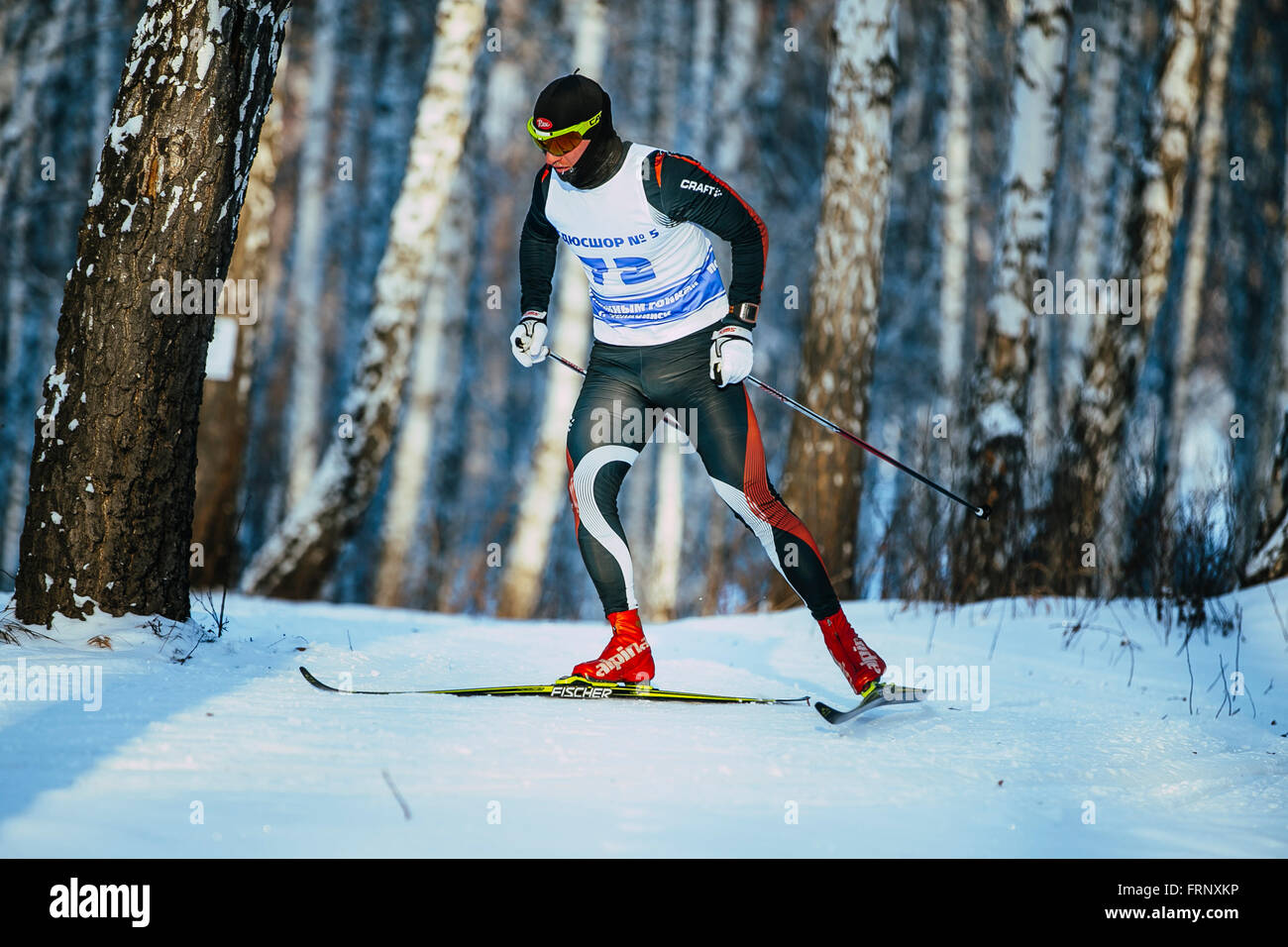 Les skieurs masculins style classique de course en forêt de bouleaux en hiver lors de championnat de France en ski de fond Banque D'Images Les skieurs masculins style classique de course en forêt de bouleaux en hiver lors de championnat de France en ski de fond Banque D'Images
