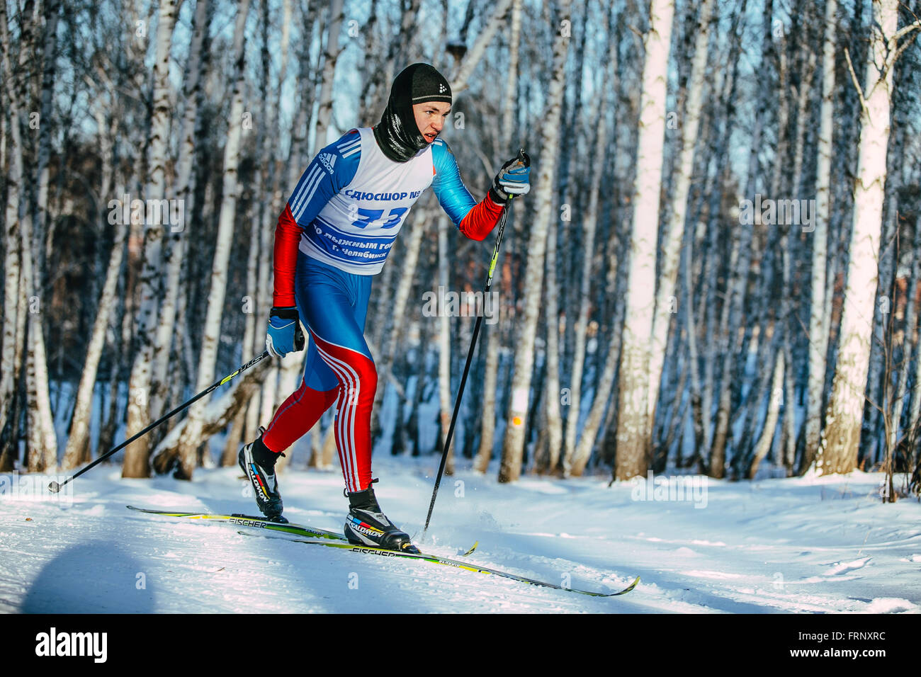 Young male skier style classique dans une forêt de bouleaux d'hiver sur les sentiers au cours de championnat de France en ski de fond Banque D'Images
