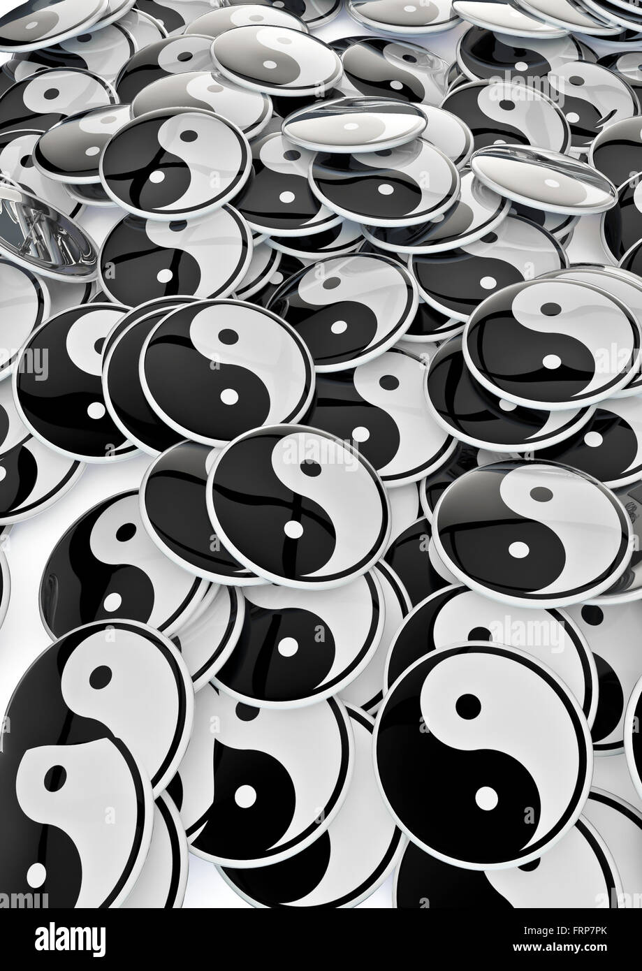 Badges yin-yang / 3D render of badges métalliques avec symbole de l'harmonie yin-yang Banque D'Images