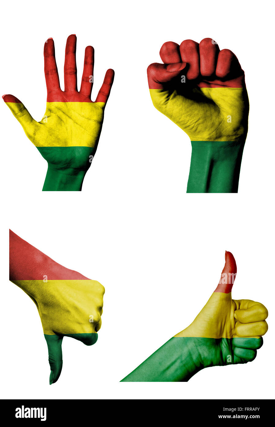 Les mains avec plusieurs gestes (poing fermé, paume ouverte, les pouces vers le haut et vers le bas) avec la Bolivie flag painted isolated on white Banque D'Images