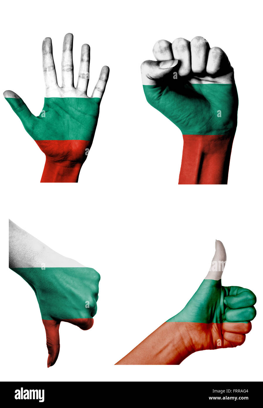 Les mains avec plusieurs gestes (poing fermé, paume ouverte, les pouces vers le haut et vers le bas) avec la Bulgarie flag painted isolated on white Banque D'Images
