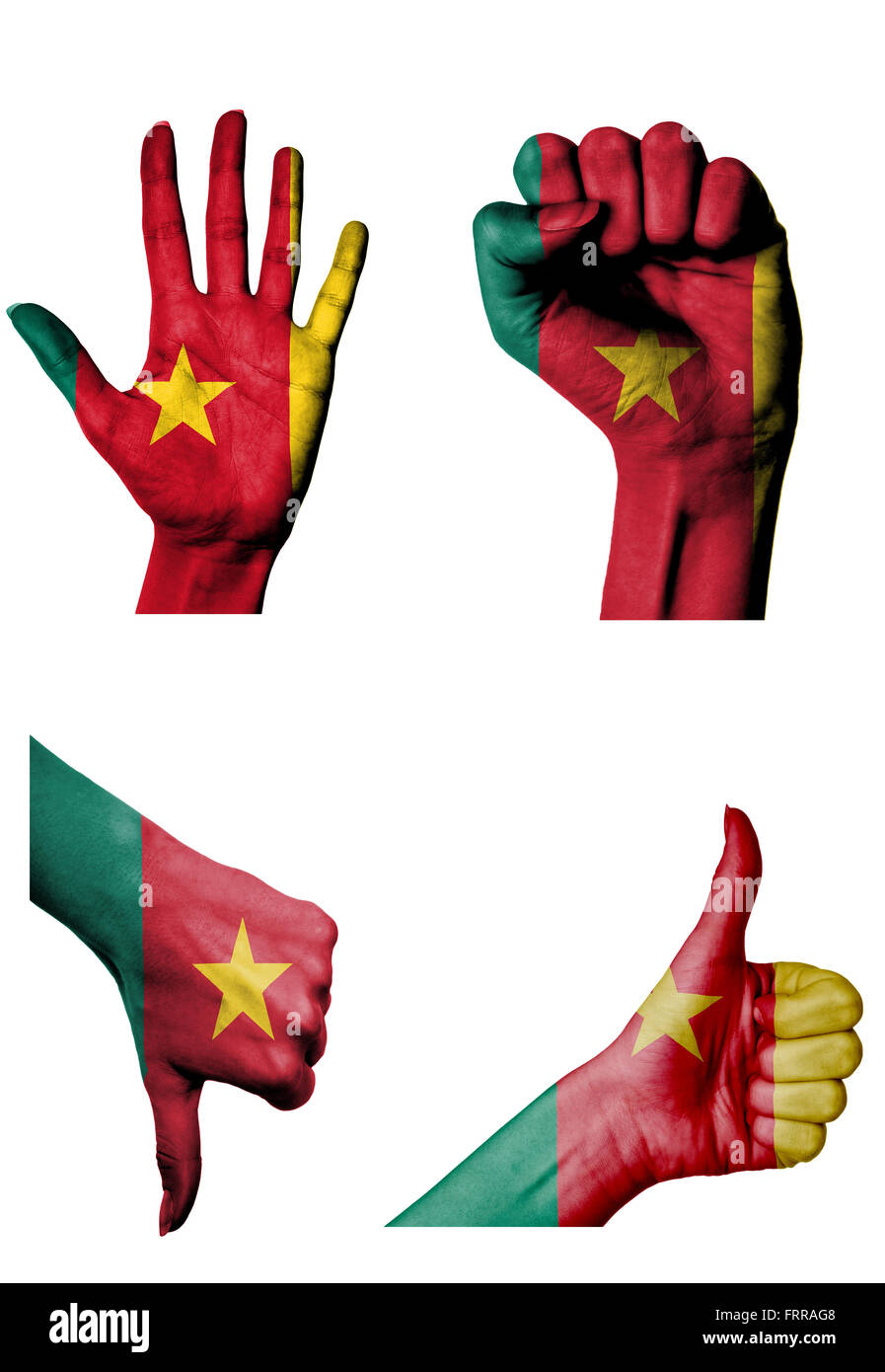 Les mains avec plusieurs gestes (poing fermé, paume ouverte, les pouces vers le haut et vers le bas) avec le Cameroun flag painted isolated on white Banque D'Images