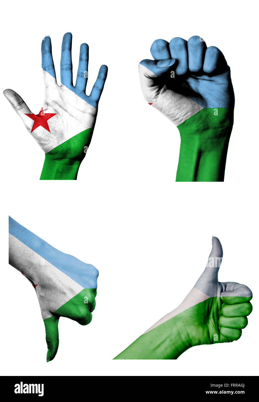 Les mains avec plusieurs gestes (poing fermé, paume ouverte, les pouces vers le haut et vers le bas) avec drapeau Djibouti peint isolated on white Banque D'Images