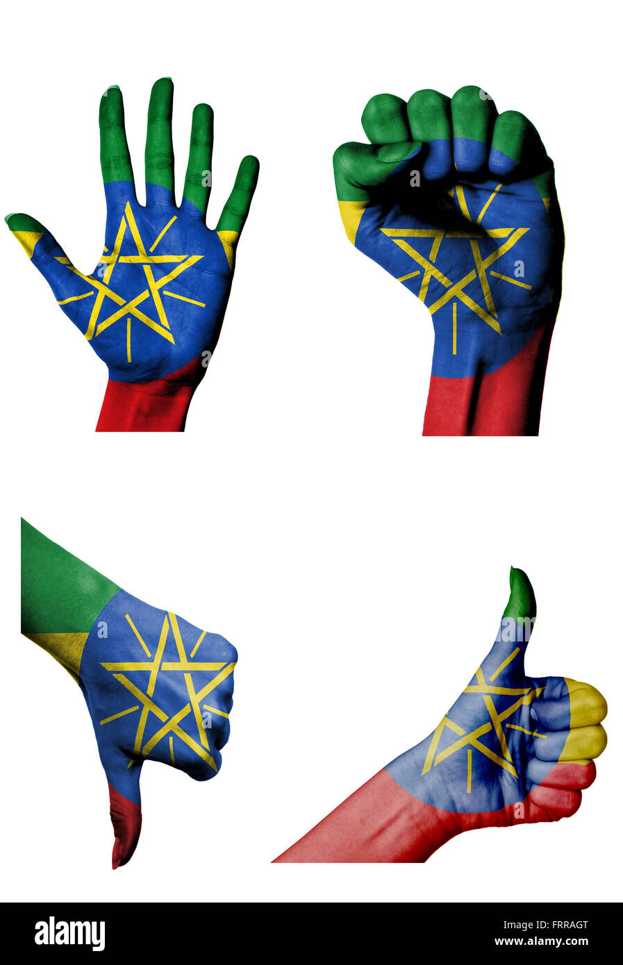 Les mains avec plusieurs gestes (poing fermé, paume ouverte, les pouces vers le haut et vers le bas) avec l'Éthiopie flag painted isolated on white Banque D'Images
