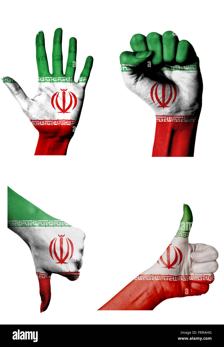 Les mains avec plusieurs gestes (poing fermé, paume ouverte, les pouces vers le haut et vers le bas) avec l'Iran flag painted isolated on white Banque D'Images