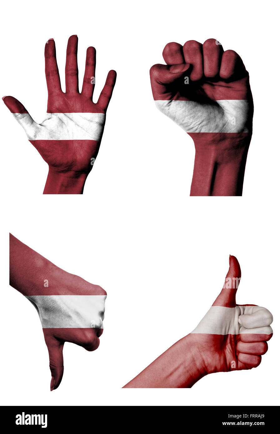 Les mains avec plusieurs gestes (poing fermé, paume ouverte, les pouces vers le haut et vers le bas) avec la Lettonie drapeau peint isolated on white Banque D'Images