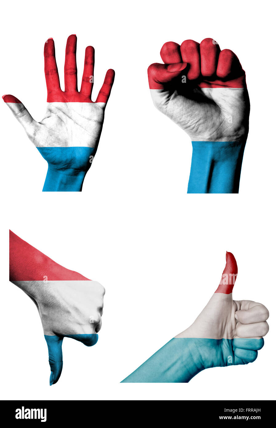 Les mains avec plusieurs gestes (poing fermé, paume ouverte, les pouces vers le haut et vers le bas) avec drapeau Luxembourg peint isolated on white Banque D'Images