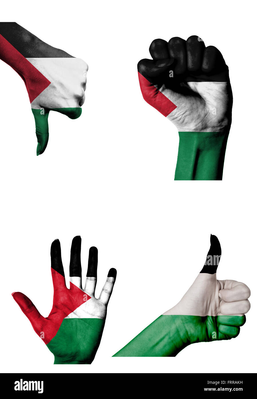 Les mains avec plusieurs gestes (poing fermé, paume ouverte, les pouces vers le haut et vers le bas) avec la Palestine flag painted isolated on white Banque D'Images