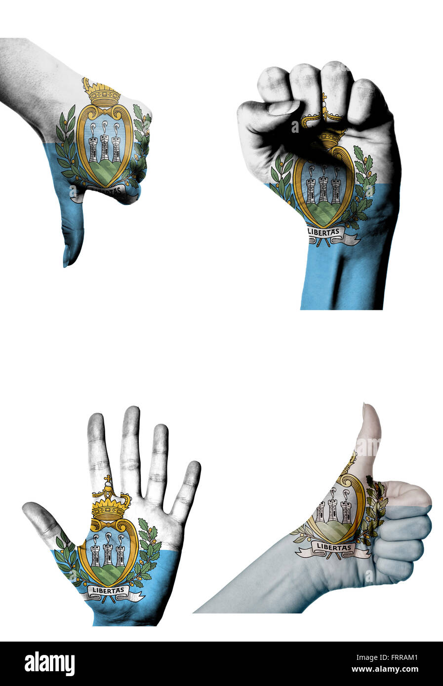 Les mains avec plusieurs gestes (poing fermé, paume ouverte, les pouces vers le haut et vers le bas) avec drapeau Saint-marin peint isolated on white Banque D'Images