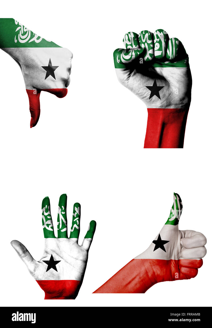 Les mains avec plusieurs gestes (poing fermé, paume ouverte, les pouces vers le haut et vers le bas) avec le Somaliland flag painted isolated on white Banque D'Images