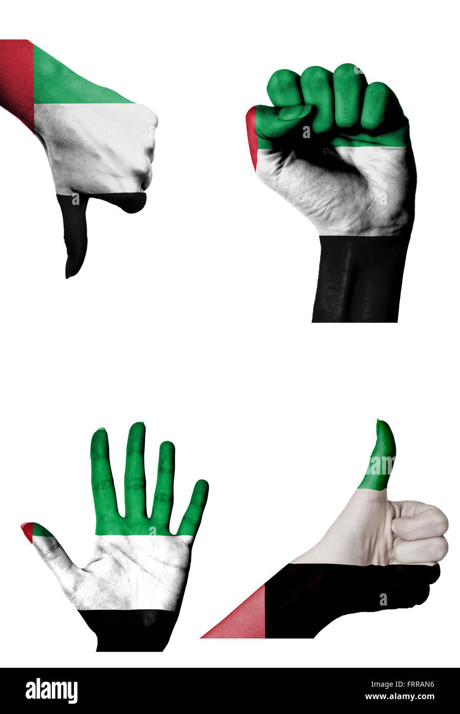 Les mains avec plusieurs gestes (poing fermé, paume ouverte, les pouces vers le haut et vers le bas) avec les Emirats Arabes Unis drapeau peint isolé sur whi Banque D'Images