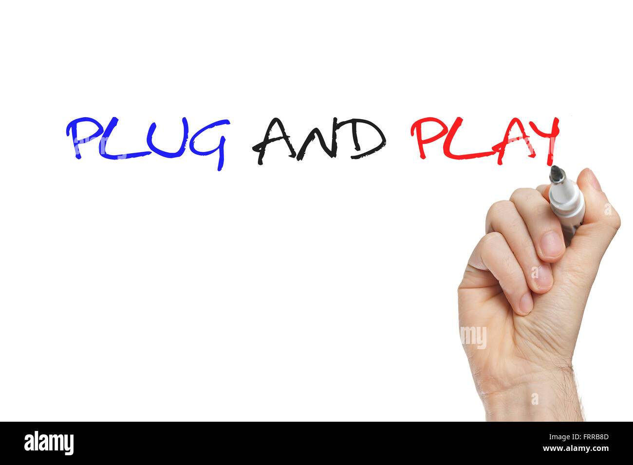 Plug and play écrit à la main sur un tableau blanc Banque D'Images