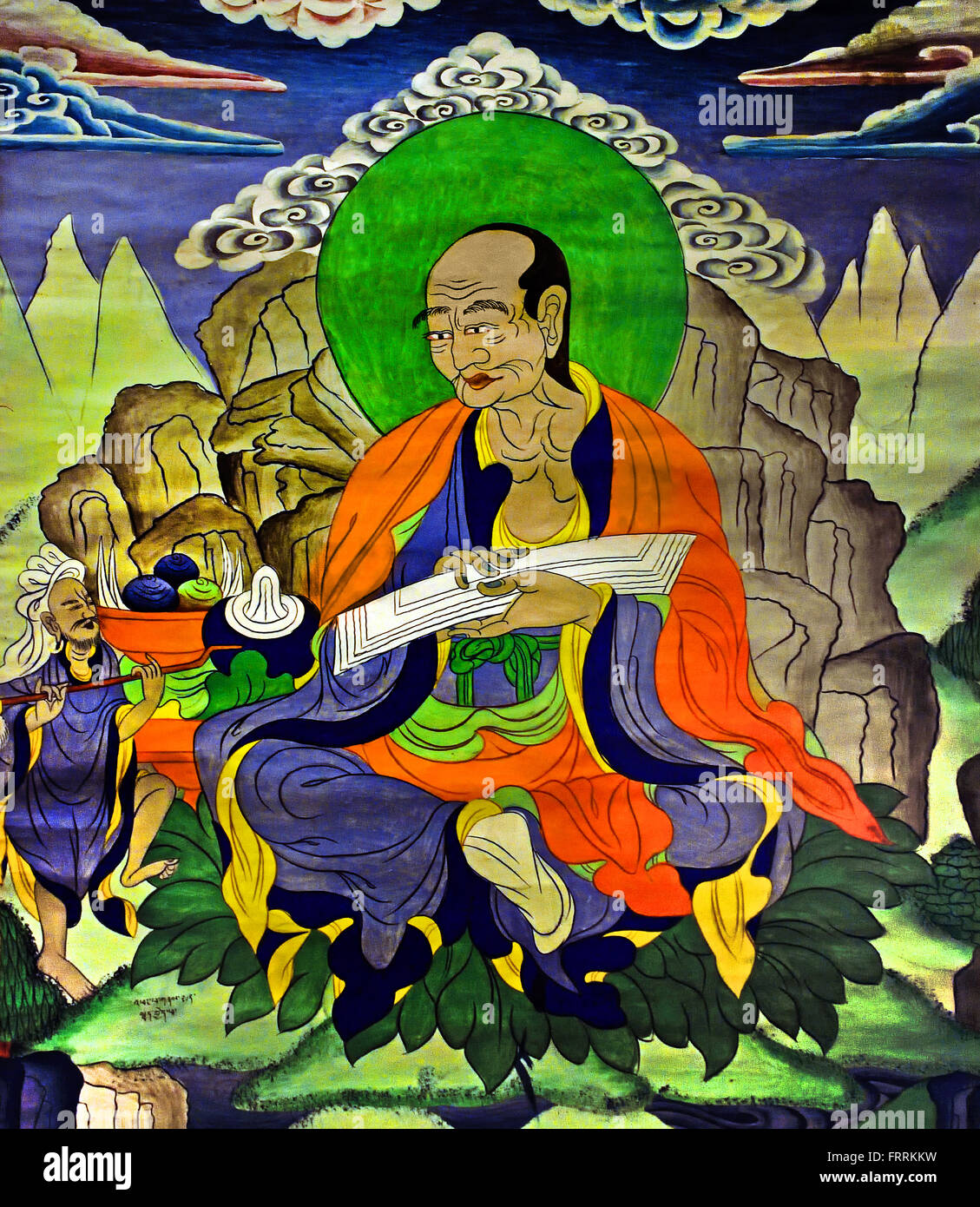 Faites défiler la peinture tibétaine, Tibet, Chine, ils sont considérés comme les premiers grands disciples du Bouddha. Banque D'Images