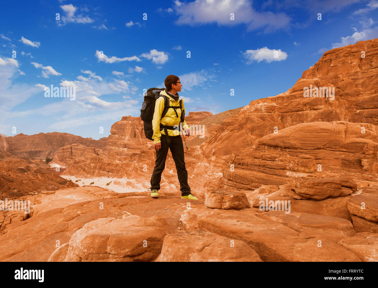 Femme Hiker with backpack profitez d'afficher dans le désert Banque D'Images