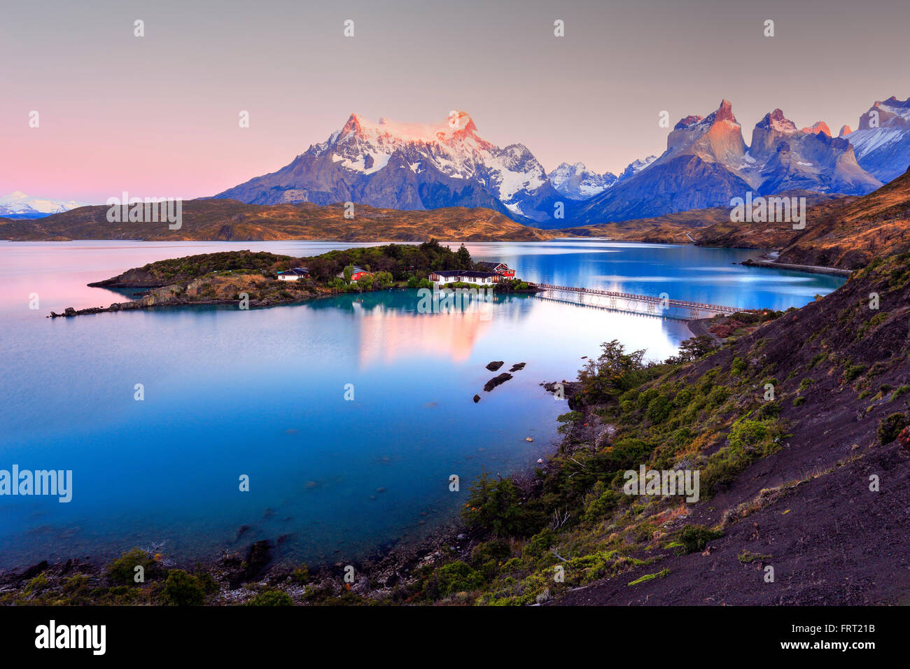 Le lac Pehoe, Parc National Torres del Paine, Chili Banque D'Images