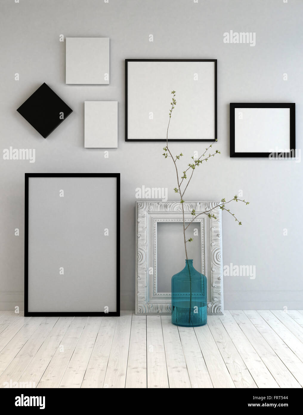 Assortiment De Différents Cadres Vides Sur Un Mur Gris Clair