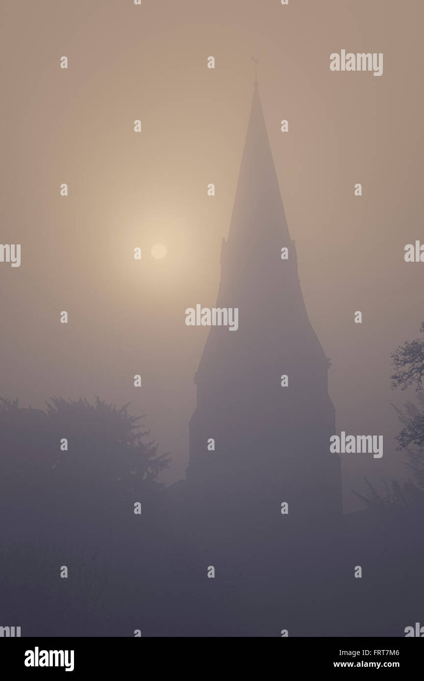 Église de brouillard, le soleil et l'arbre de chêne sur un matin au lever du soleil l'hiver. UK. Vintage filtre appliqué Banque D'Images