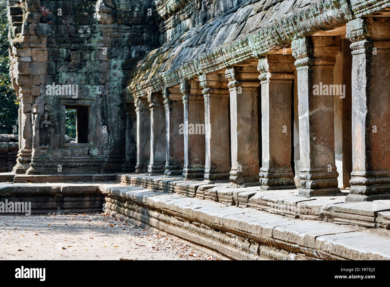 Colonnes, Ta Prohm Temple, Parc archéologique d'Angkor, Siem Reap, Cambodge Banque D'Images