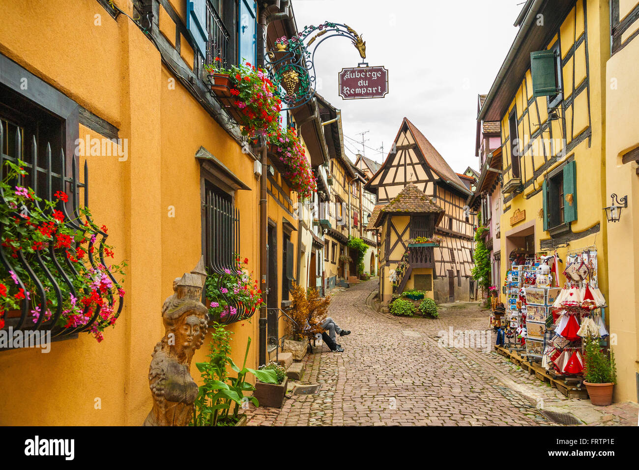 Maisons à colombages, le long de la route des vins, Eguisheim, Alsace, Haut Rhin, France Banque D'Images