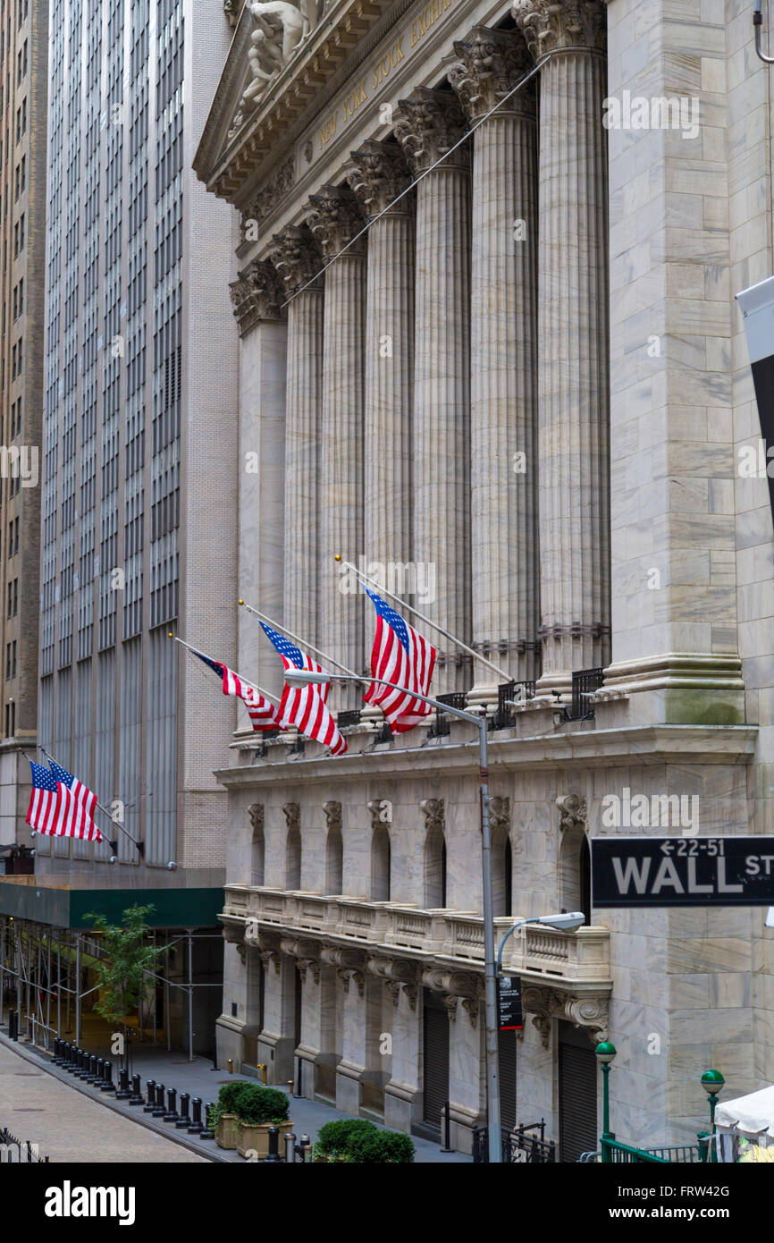 Panneau avec Wall Street à New York Stock Exchange, NEW YORK, USA Banque D'Images