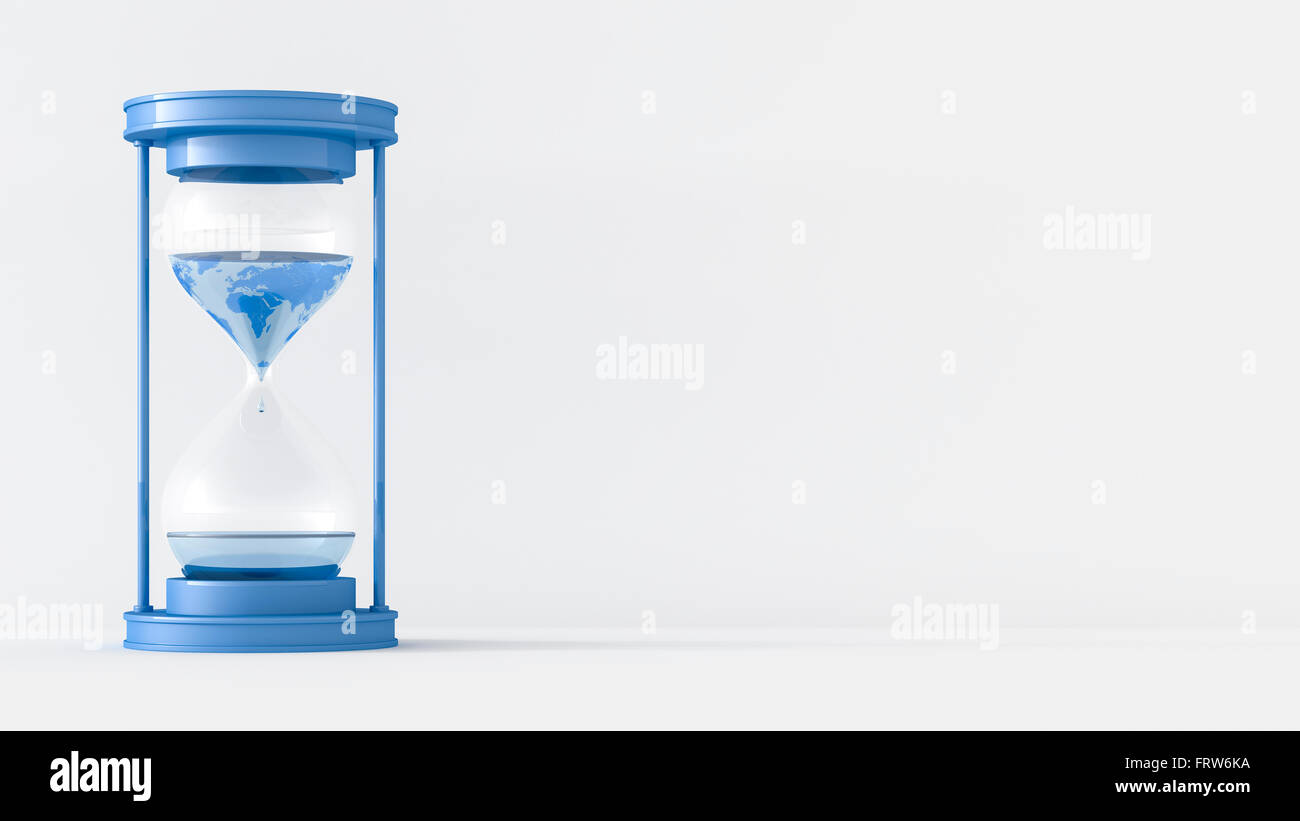 Le Rendu 3D, l'horloge de sable avec des gouttes d'eau, texture mondiale, copy space Banque D'Images