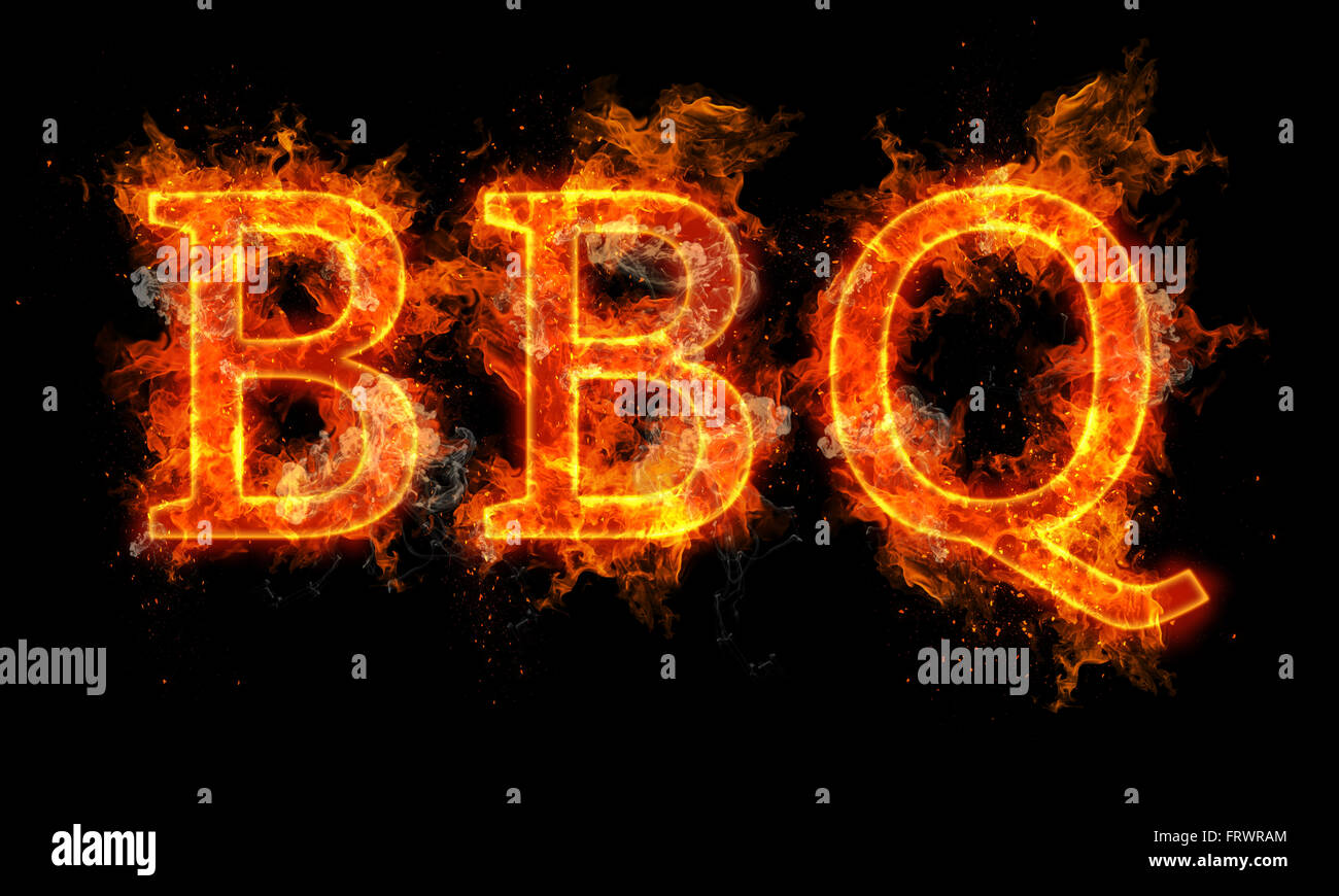 Mot barbecue texte écrit en flammes sur fond noir Banque D'Images