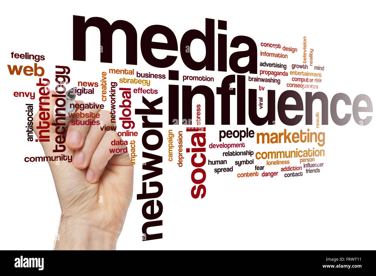 L'influence des médias mot concept cloud avec réseau marketing tags liés Banque D'Images