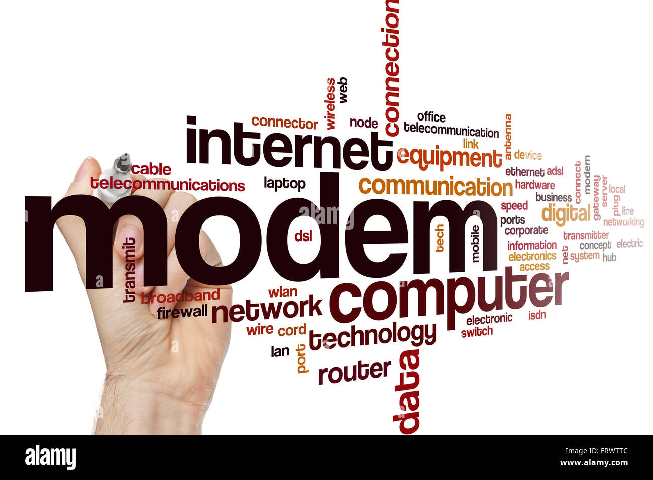 Mot Modem concept cloud avec données internet tags liés Banque D'Images