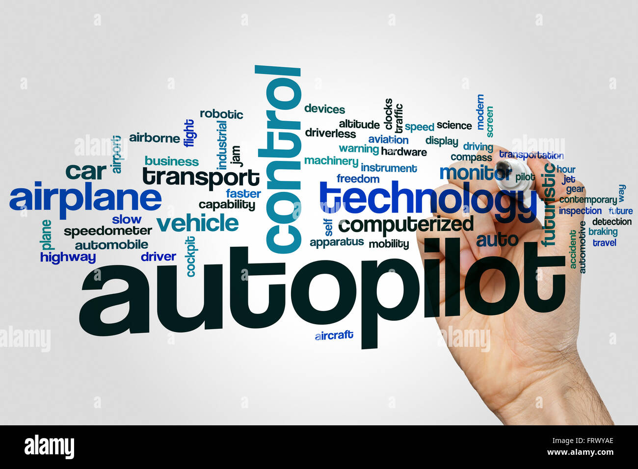Mot du pilote automatique concept cloud avec transport contrôle tags liés Banque D'Images