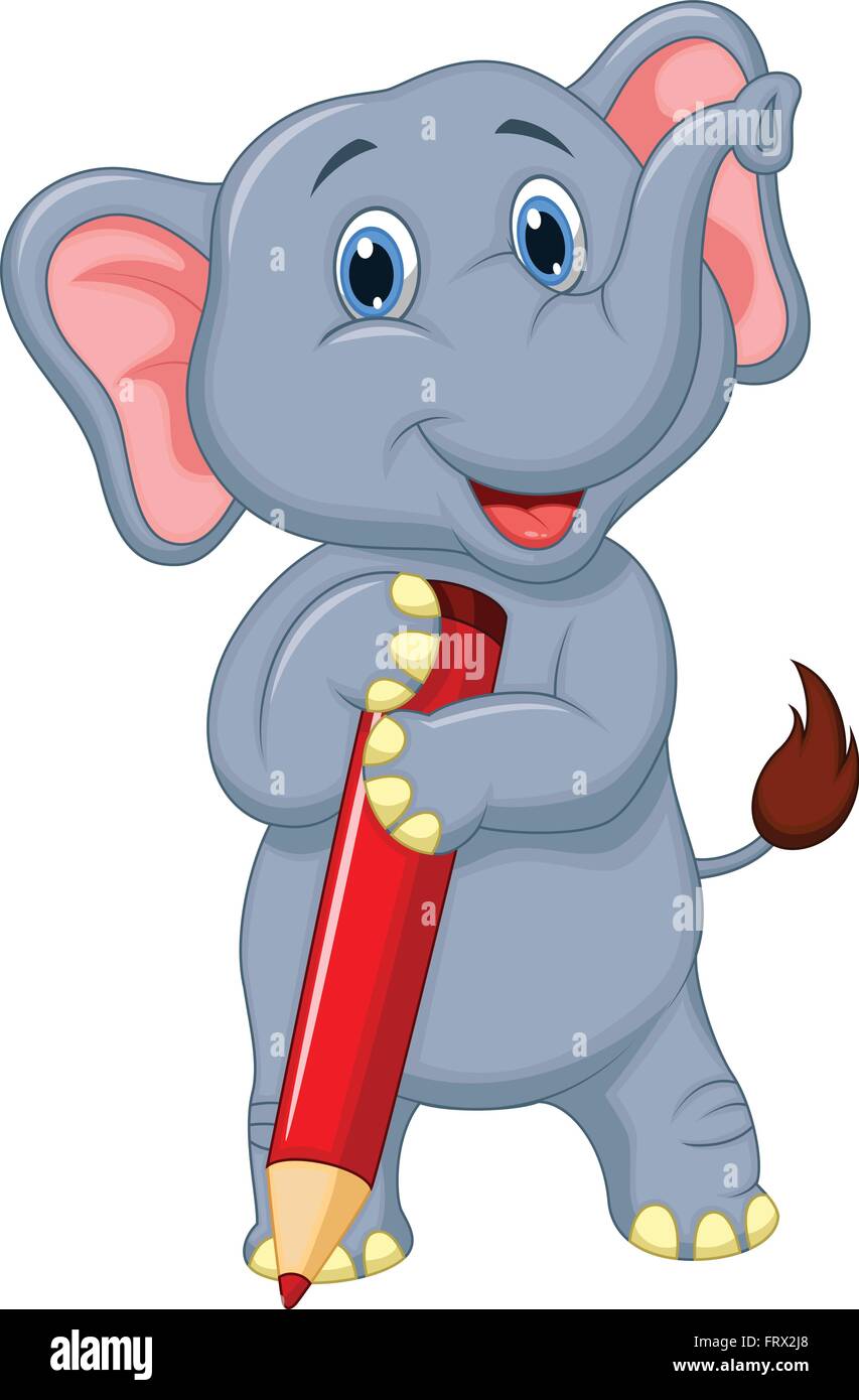 Elephant Cute cartoon holding red pencil Illustration de Vecteur
