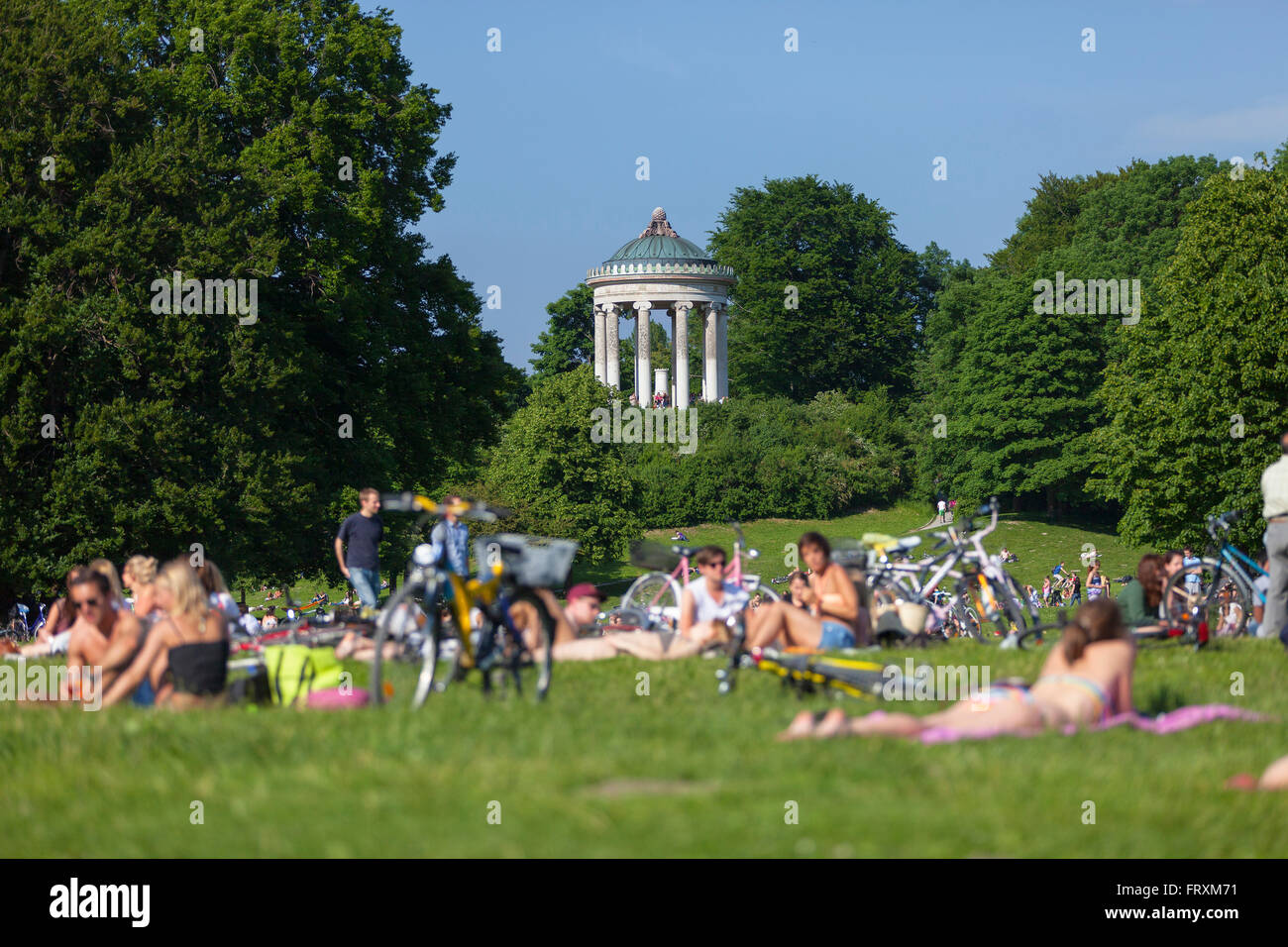 L'été dans le jardin anglais avec Monopteros, Englischer Garten, Munich, Haute-Bavière, Bavière, Allemagne Banque D'Images