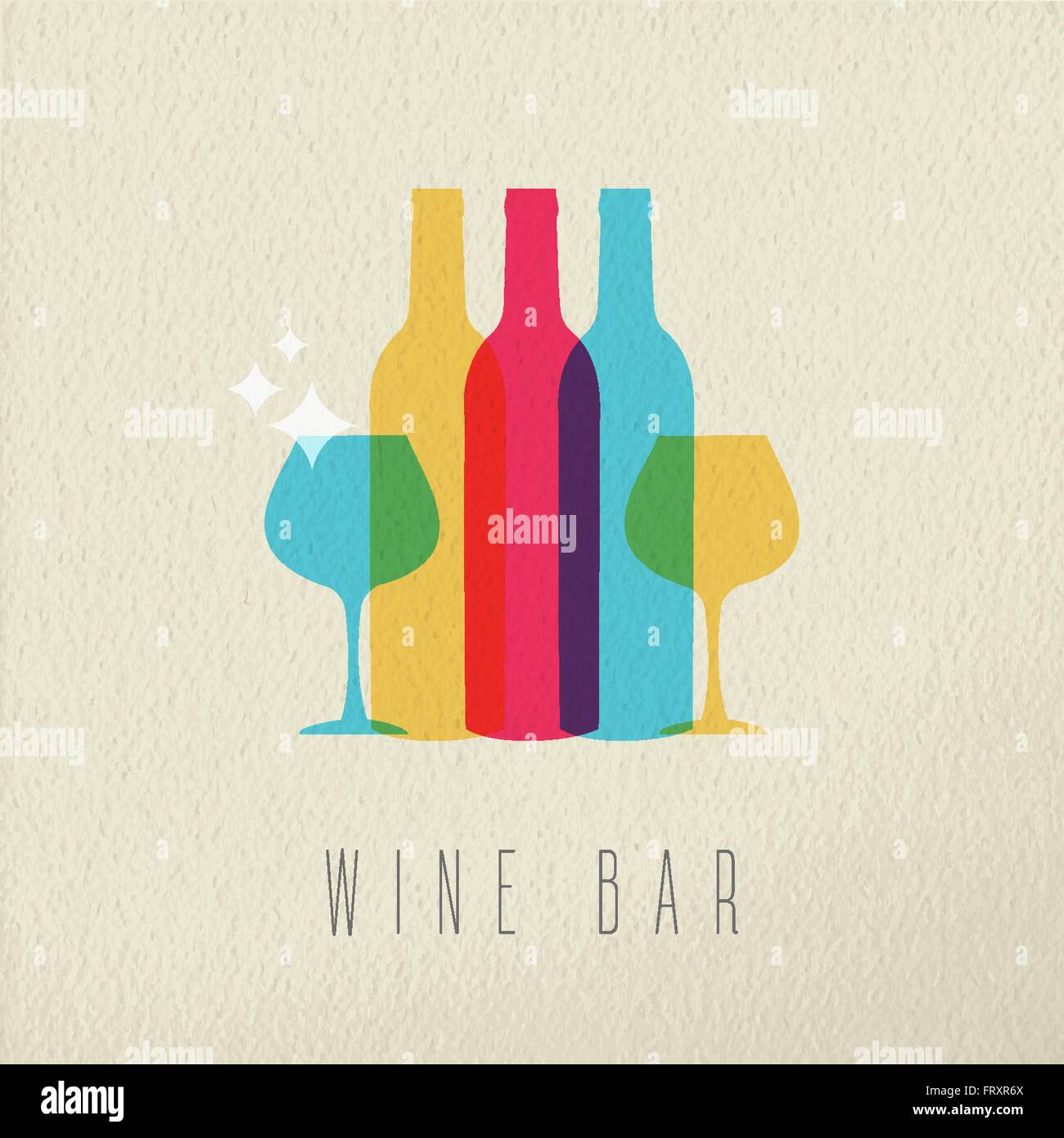 Concept bar à vin icône, illustration de l'élégant verre bouteille et verre transparent coloré de style sur fond de texture. Illustration de Vecteur