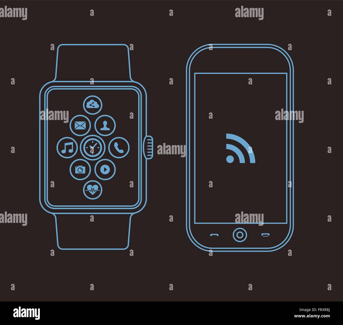 Présentation du concept illustration de smart watch et le téléphone mobile à l'application sociale des icônes sur l'écran. Vecteur EPS10. Illustration de Vecteur