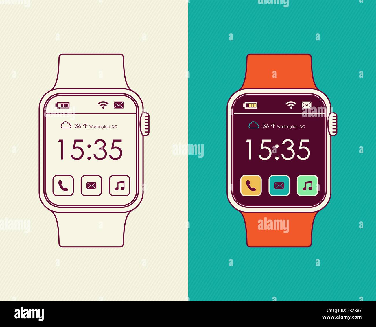 Smart watch dessins dessins au trait contours colorés de style application sociale d'icônes et d'affichage en temps réel sur l'écran. Vecteur EPS10. Illustration de Vecteur