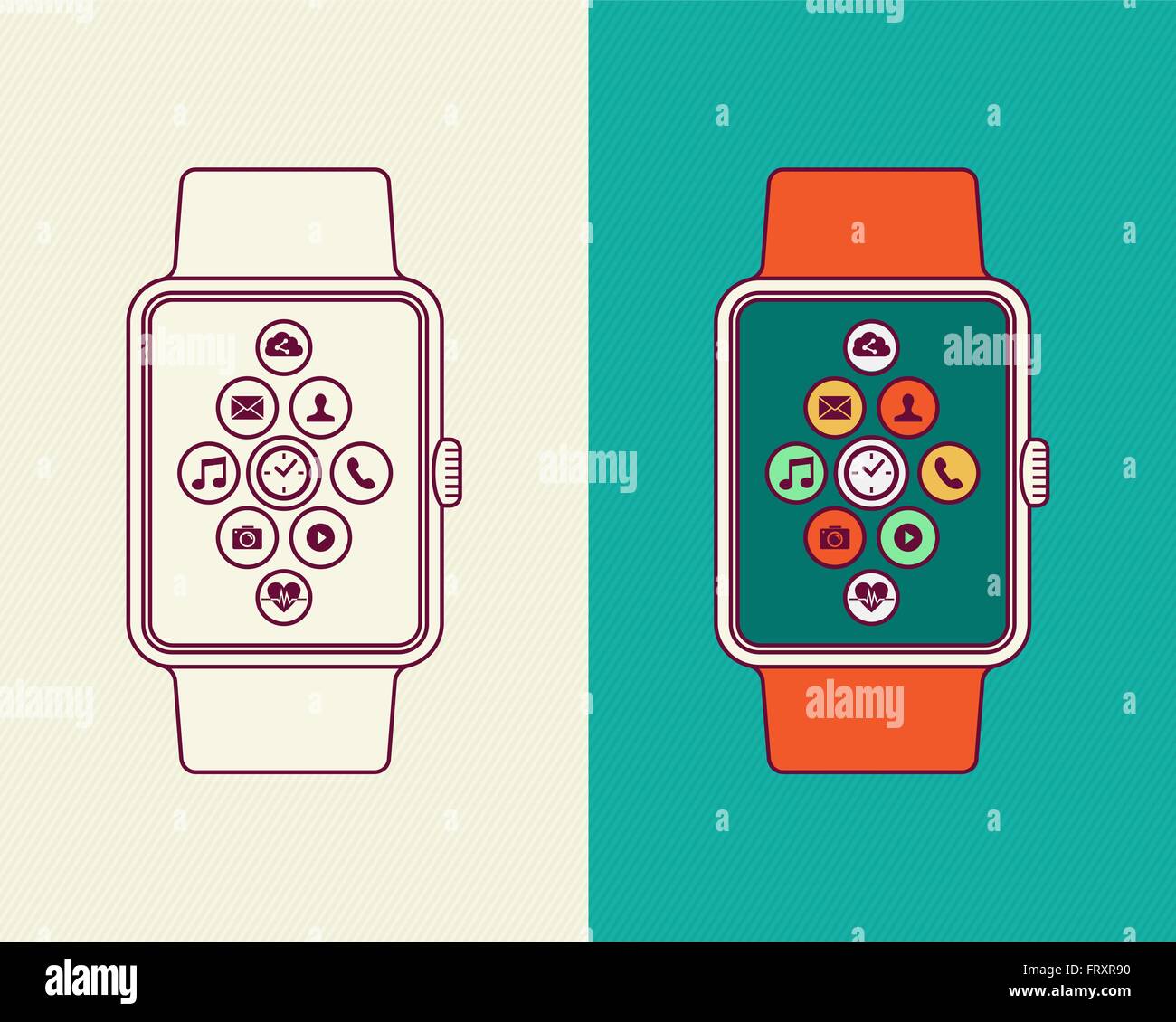 Smart watch moderne illustrations, ligne plate style art composition avec des icônes d'applications sociales et l'avant-projet. Illustration de Vecteur