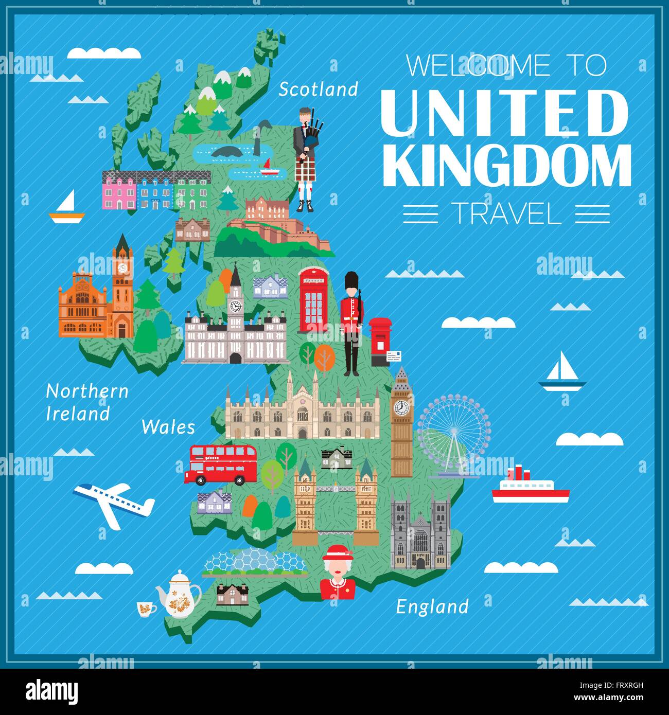 Belle carte de voyage du Royaume-Uni avec des attractions Illustration de Vecteur