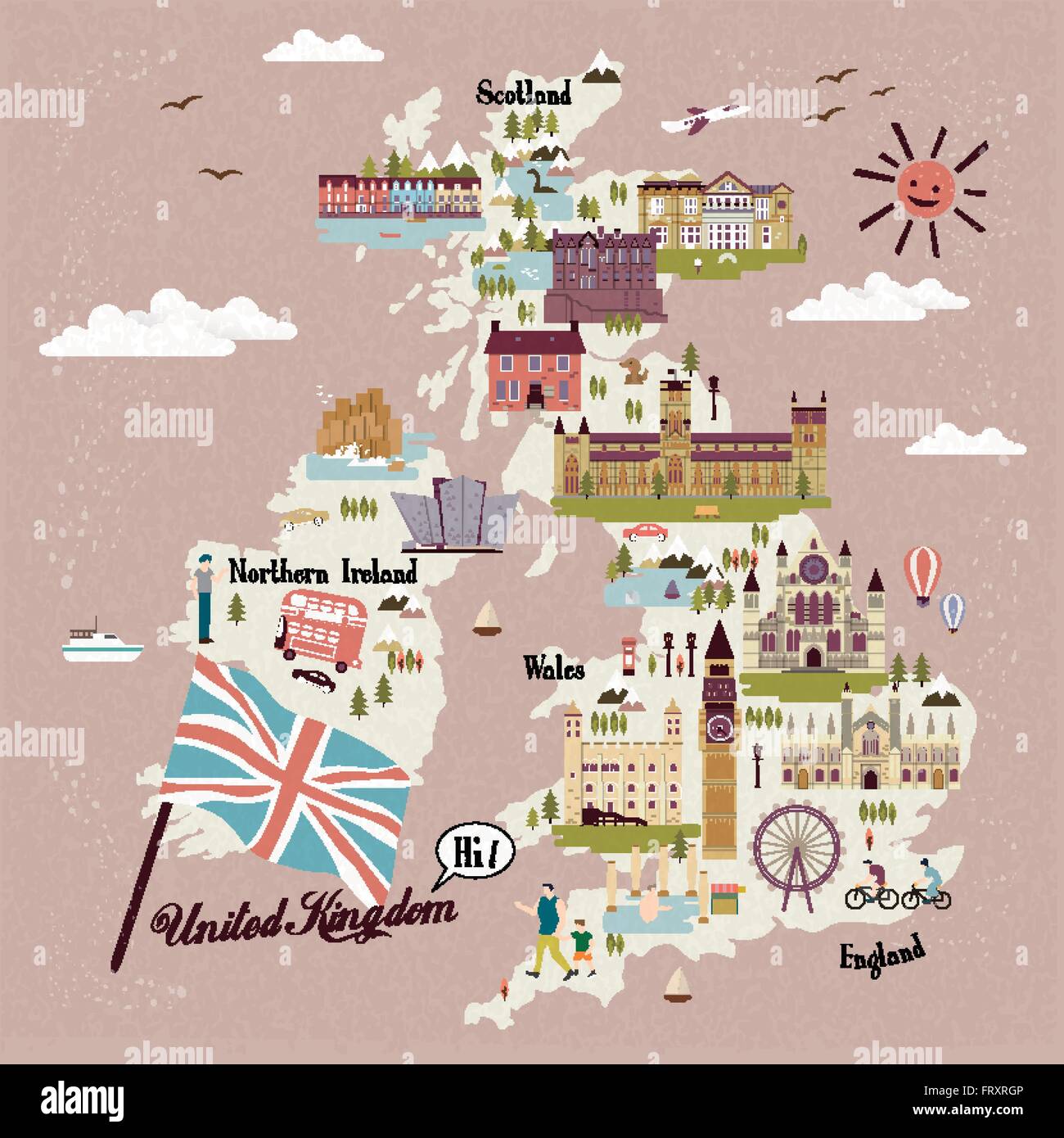 Adorable carte de voyage du Royaume-Uni avec des attractions Illustration de Vecteur