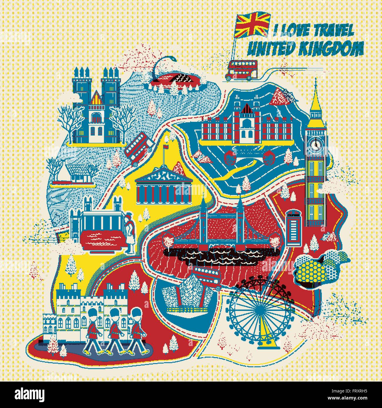 Belle Royaume-uni attractions carte de style d'impression Illustration de Vecteur