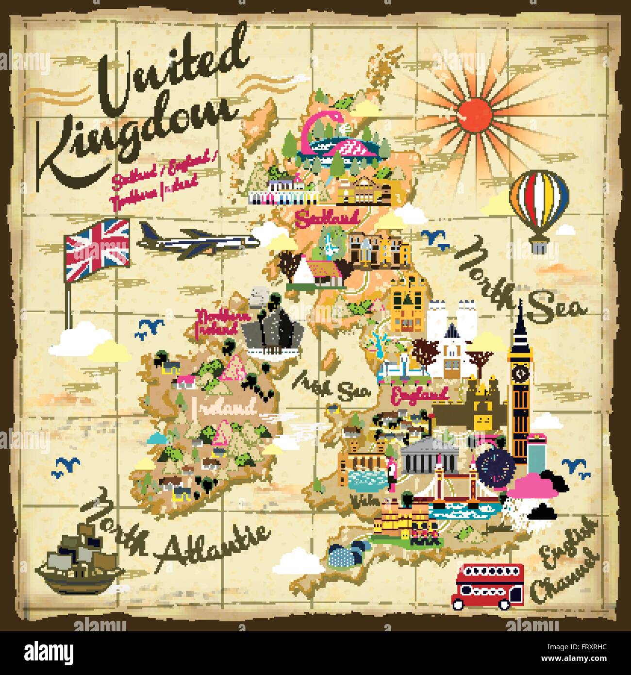 Retro Royaume-uni travel concept illustration sur carte au trésor Illustration de Vecteur