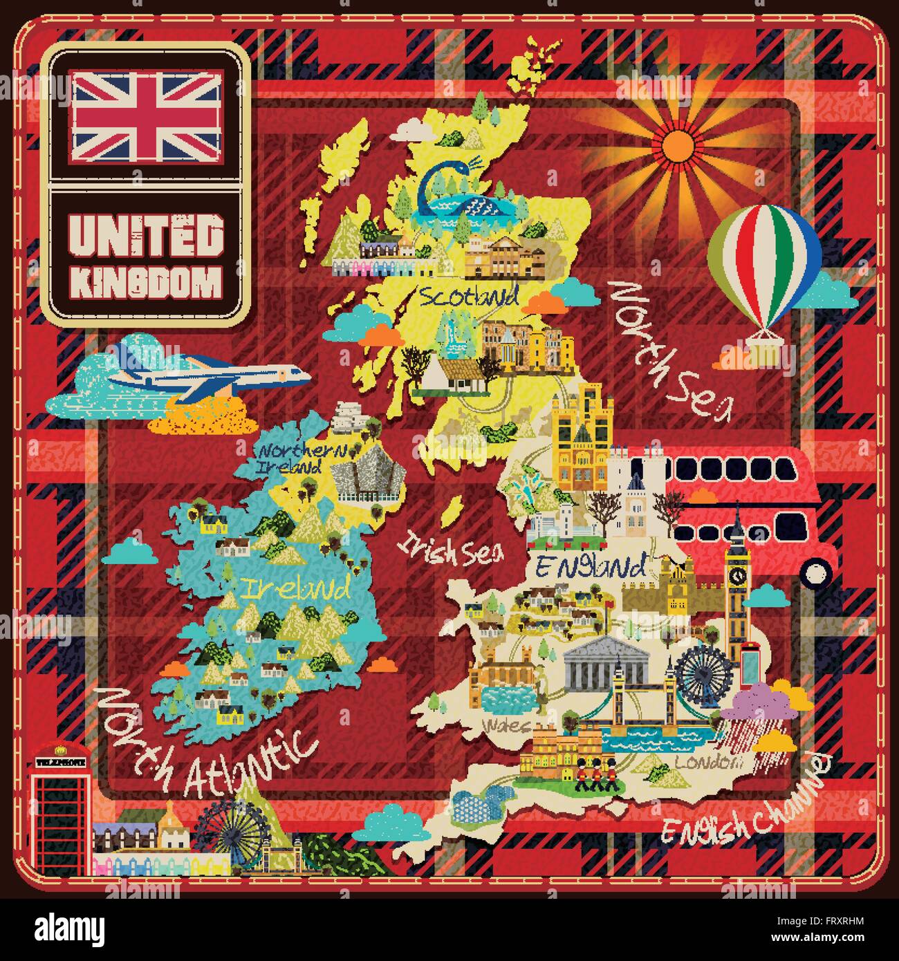 Royaume-uni la carte de voyage avec des attractions plus icône modèle écossais Illustration de Vecteur