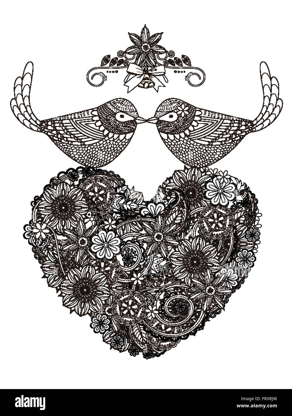 Quelques Oiseaux Romantique Avec Fleurs En Forme De Coeur