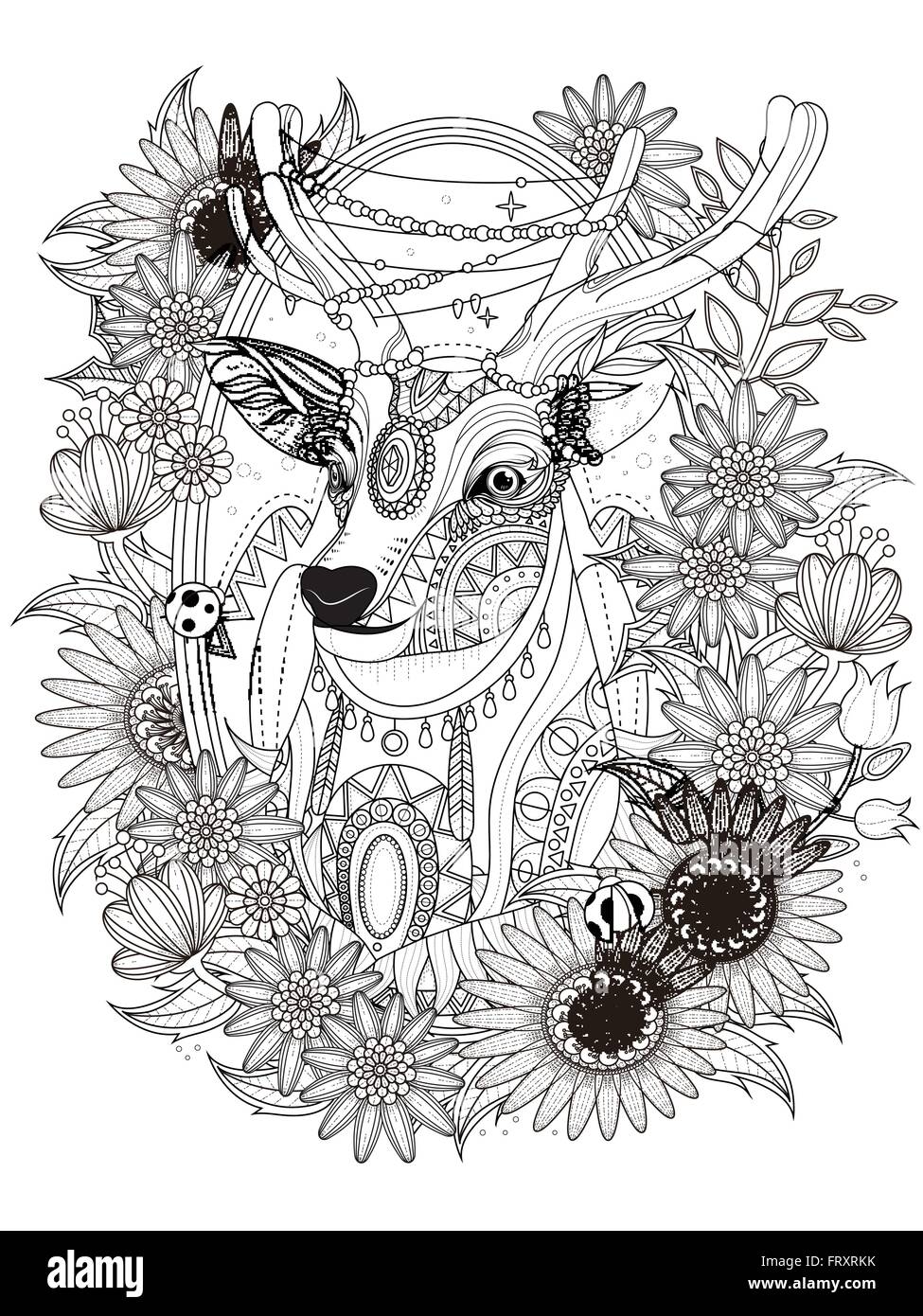 Superbe cerf avec couronne de fleurs  coloriage adultes Image