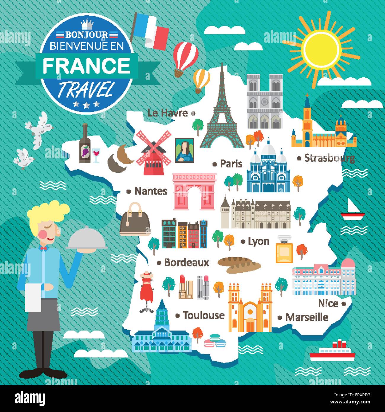 La France attractive la carte de voyage avec des attractions et de spécialités Illustration de Vecteur