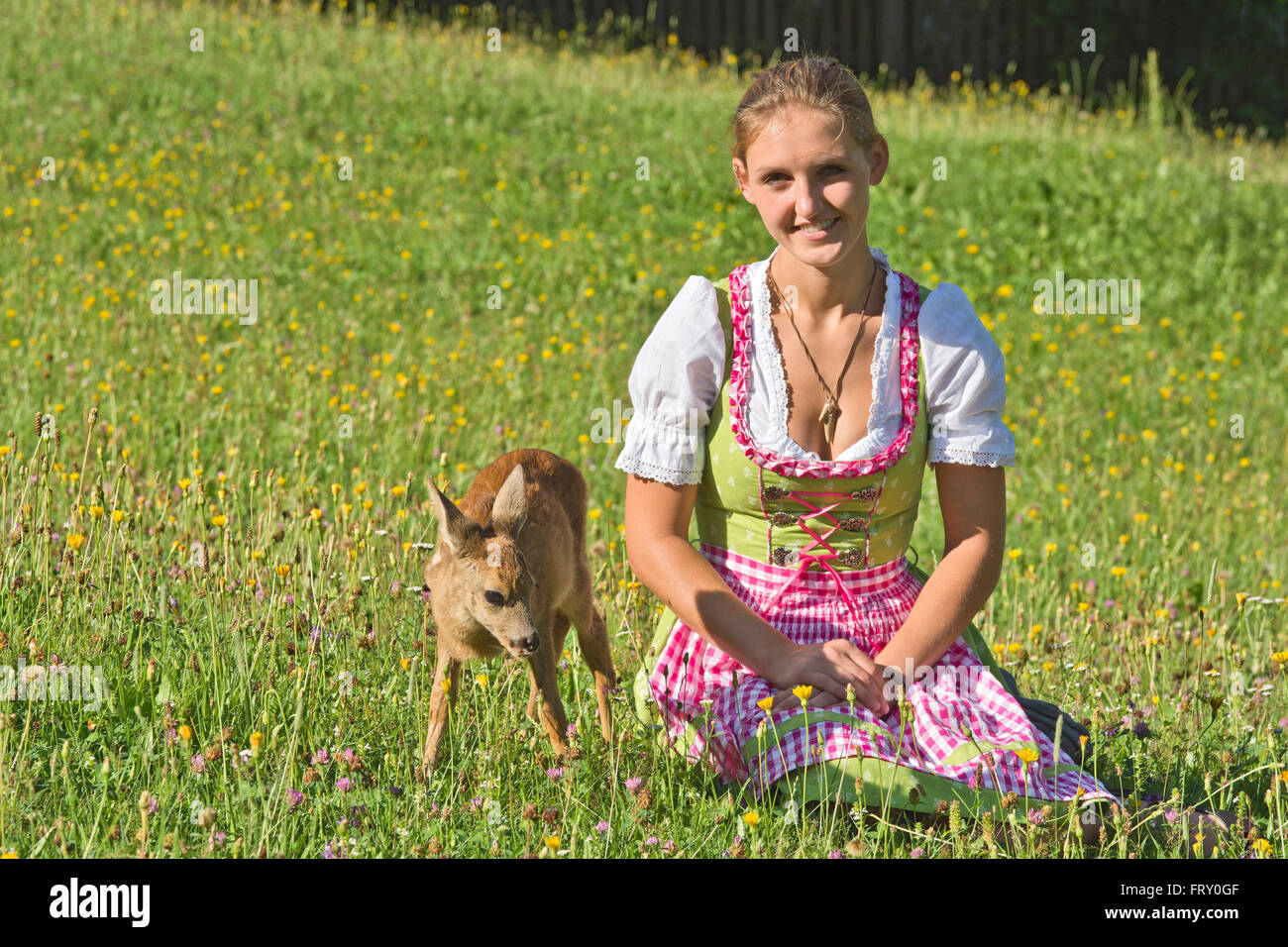 Femme en dirndl avec un fauve apprivoisé dans une prairie de fleurs, Tyrol, Autriche Banque D'Images